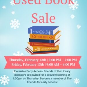 Poster for a used book sale with dates, times, and membership details, featuring snowflakes and books.
