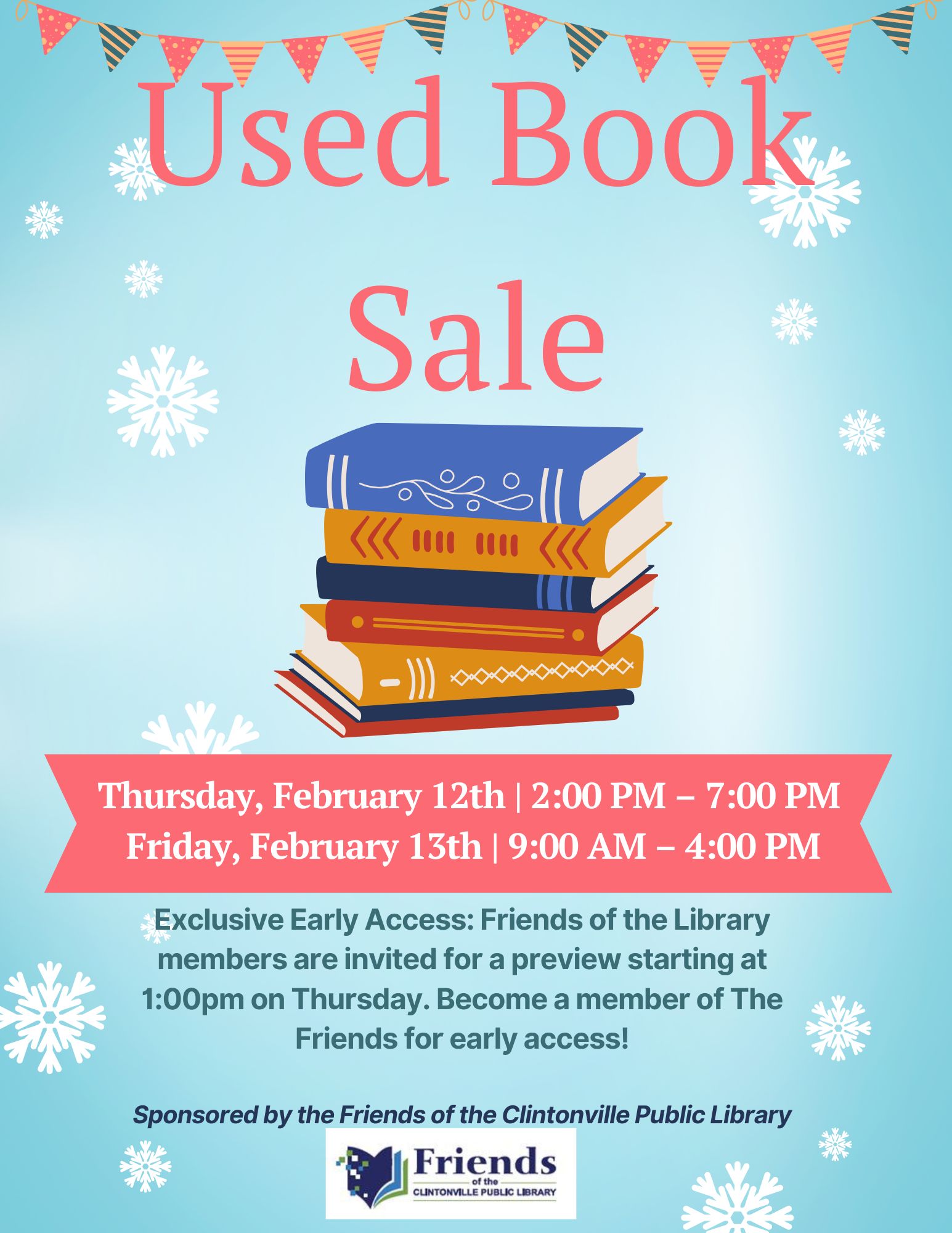 Poster for a used book sale with dates, times, and membership details, featuring snowflakes and books.