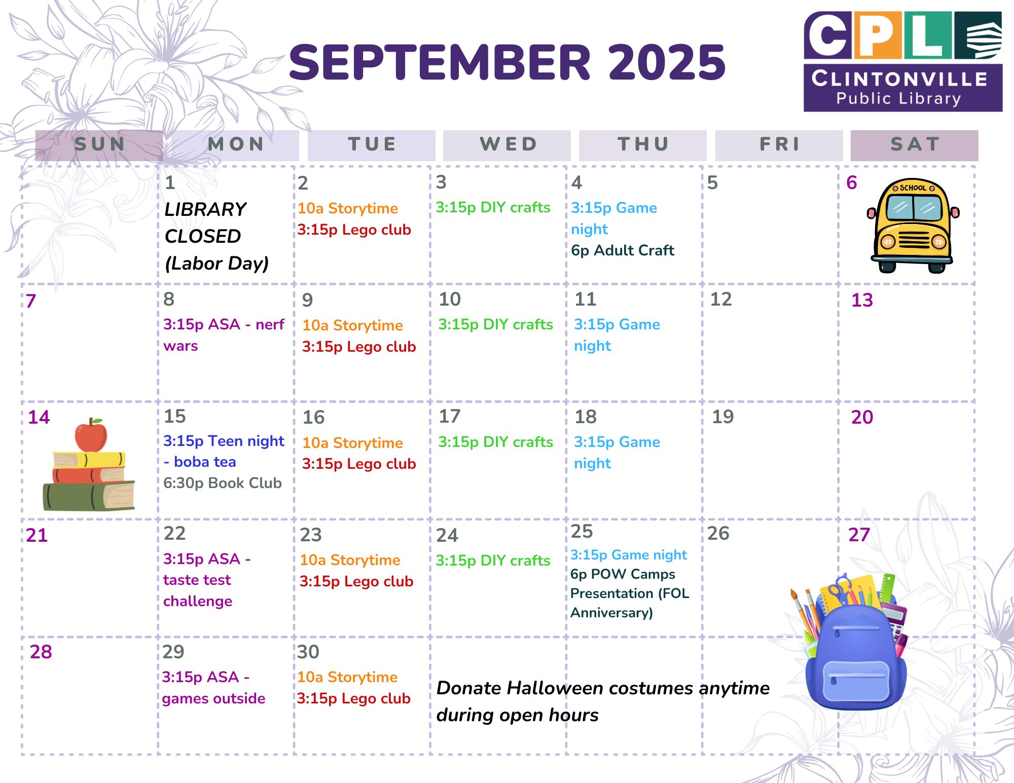 The September 2025 calendar of the Library's programs.