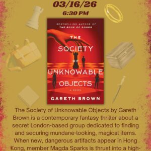 A promotional image for a book club featuring the cover of "The Society of Unknowable Objects" with meeting details.