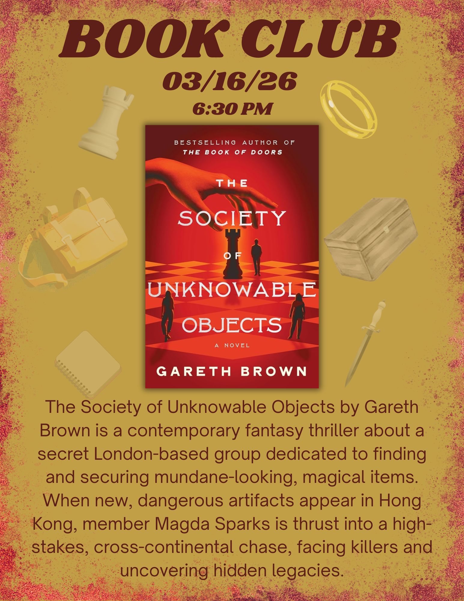 A promotional image for a book club featuring the cover of "The Society of Unknowable Objects" with meeting details.