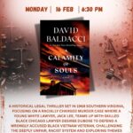 Poster for a book club meeting featuring "A Calamity of Souls" by David Baldacci on February 16 at 6:30 PM.