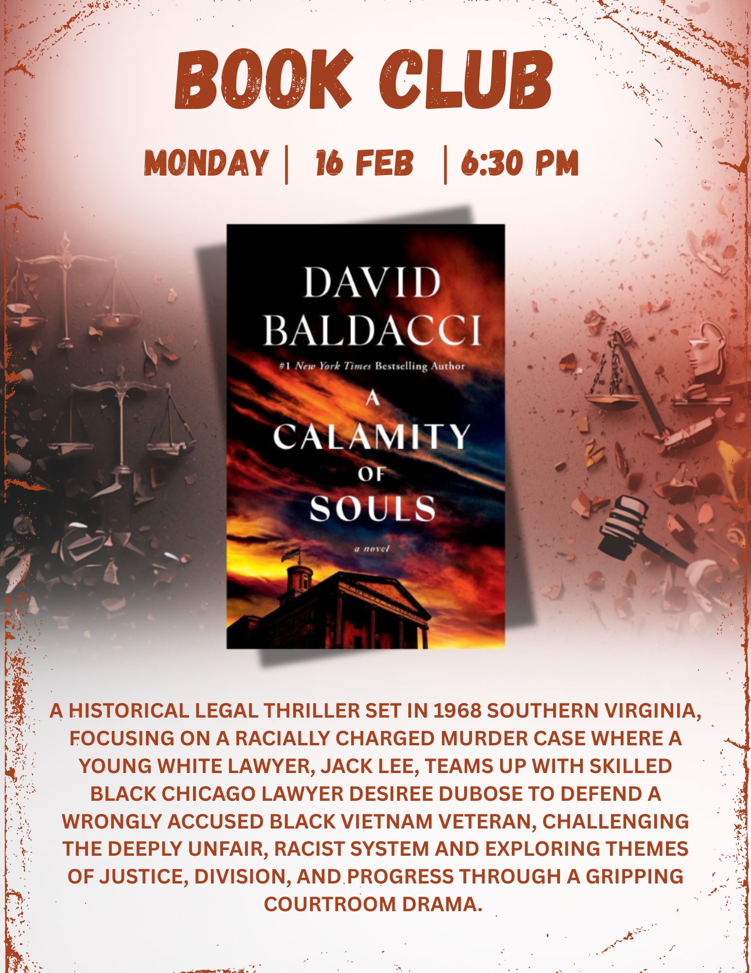 Poster for a book club meeting featuring "A Calamity of Souls" by David Baldacci on February 16 at 6:30 PM.