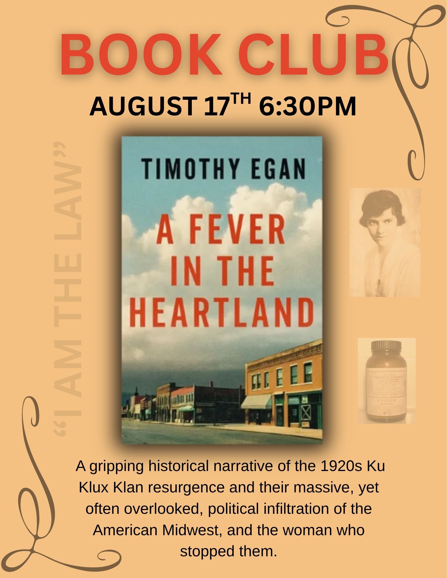 Promotional poster for a book club featuring “A Fever in the Heartland” by Timothy Egan, with event details and images of a woman and a vintage medicine bottle.