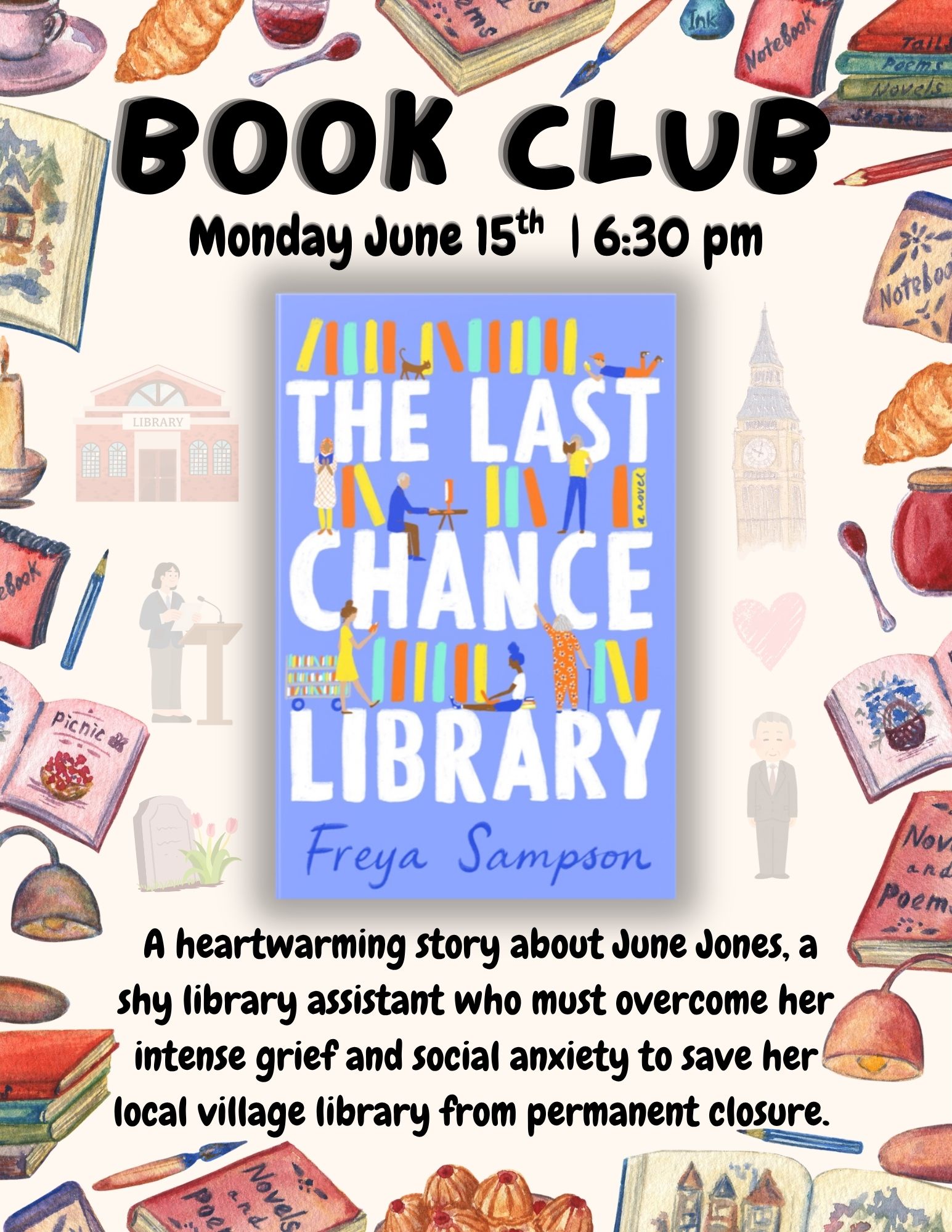 Book club meeting on June 15th at 6:30 pm featuring "The Last Chance Library" by Freya Sampson.
