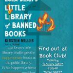 Promotional poster for "Lula Dean's Little Library of Banned Books" by Kirsten Miller with book club details.