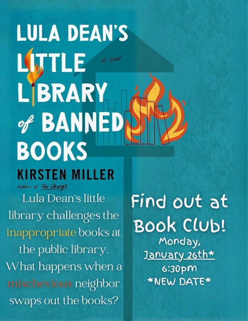 Promotional poster for "Lula Dean's Little Library of Banned Books" by Kirsten Miller with book club details.