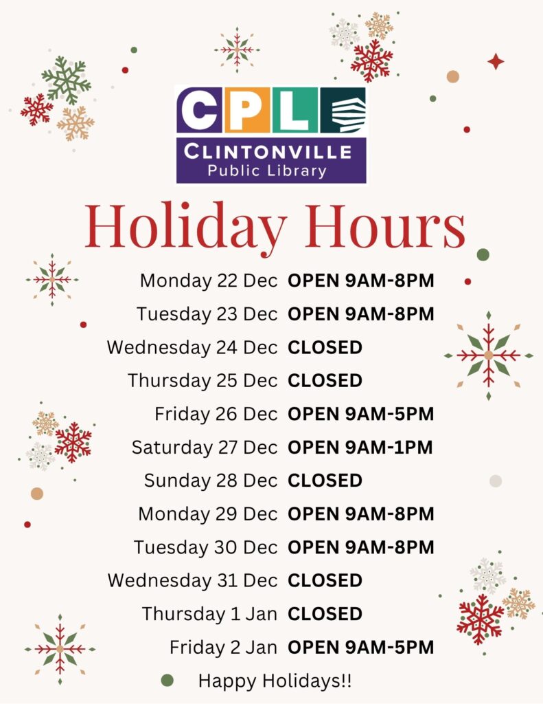 Poster detailing Clintonville Public Library's Holiday 2025 Hours