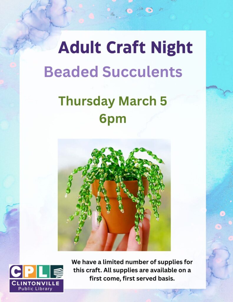 Advertisement for Adult Craft Night featuring Beaded Succulents with watercolor background.