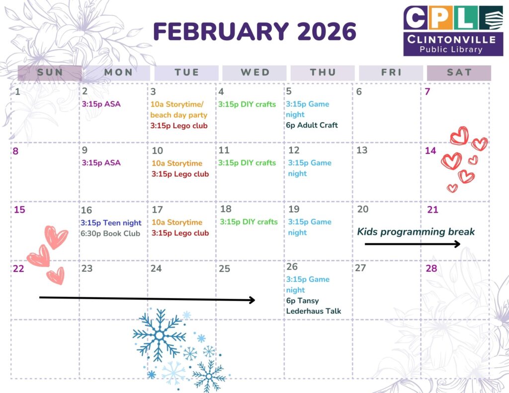 February 2026 calendar with library events listed.