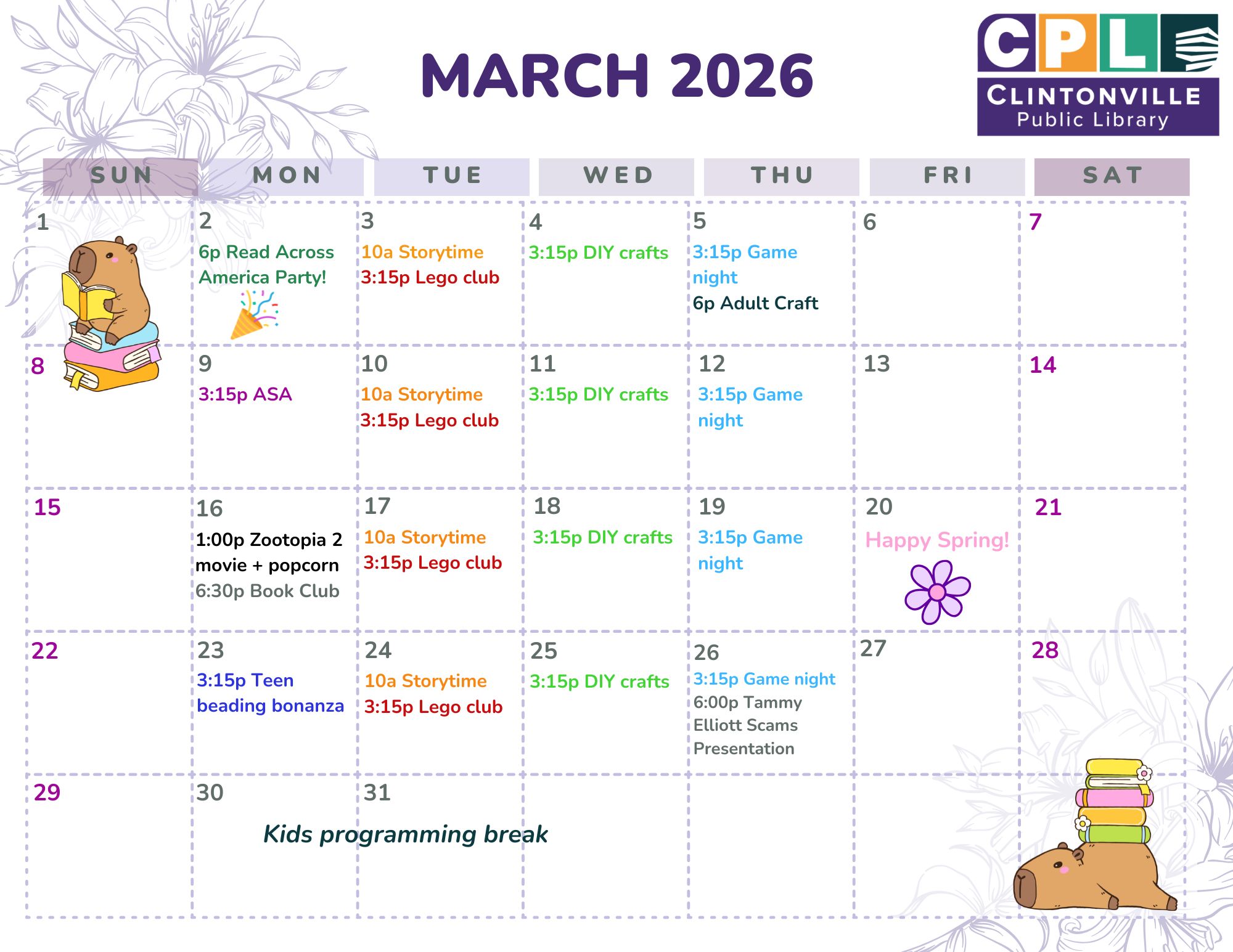 March 2026 calendar from Clintonville Public Library with events like Storytime and Lego club. Decorations include animals and floral motifs.