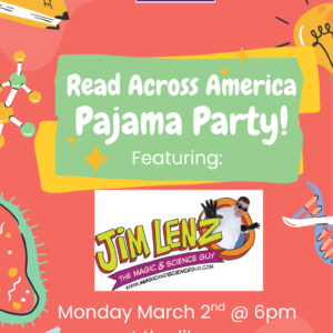 Colorful poster for "Read Across America Pajama Party" by Clintonville Public Library on March 2nd, featuring Jim Lenz.