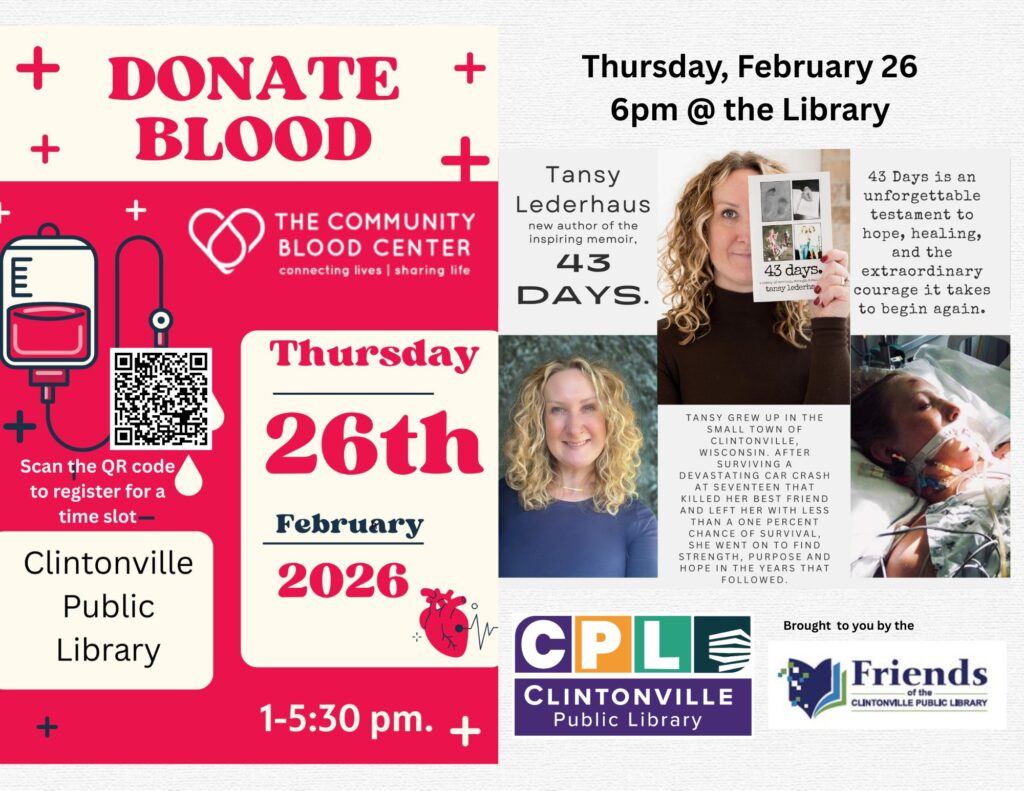 Promotional flyer for a blood donation event and a memoir presentation at Clintonville Public Library.