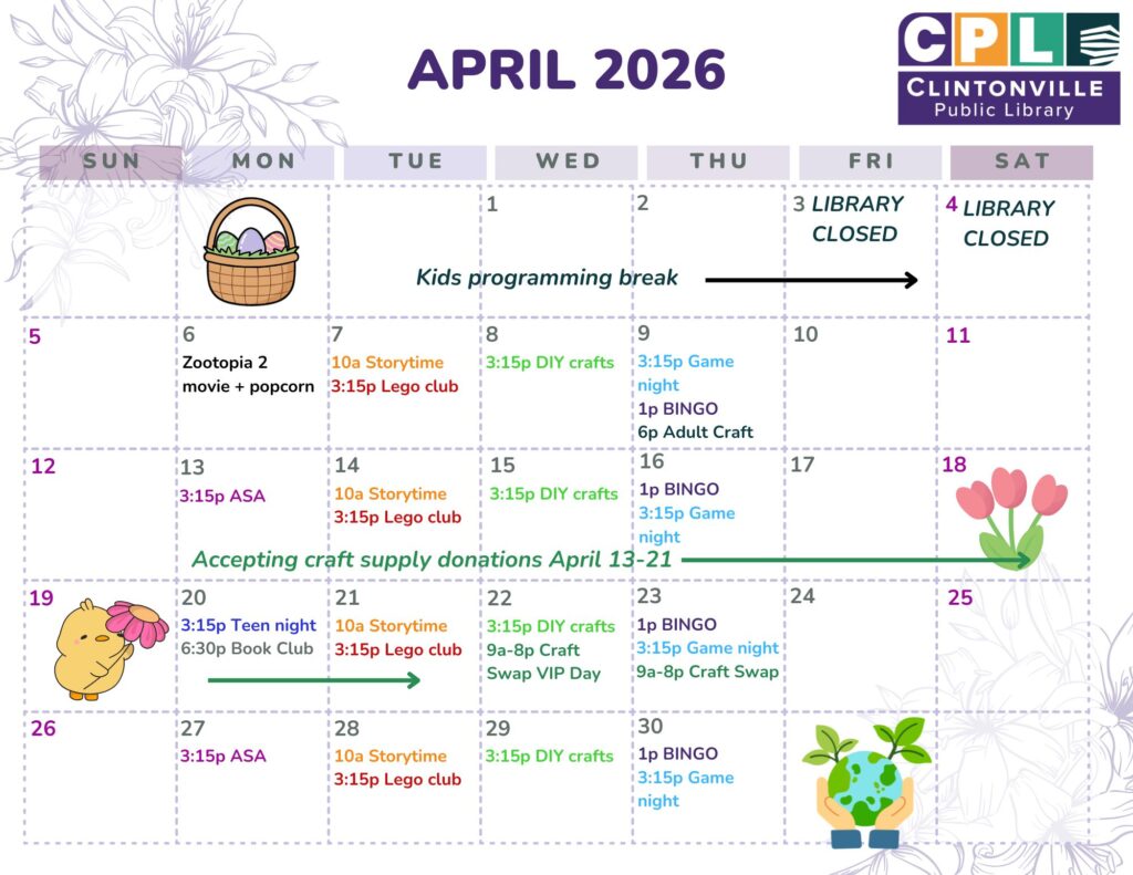 April 2026 with events from Clintonville Public Library, including closures and illustrated elements.