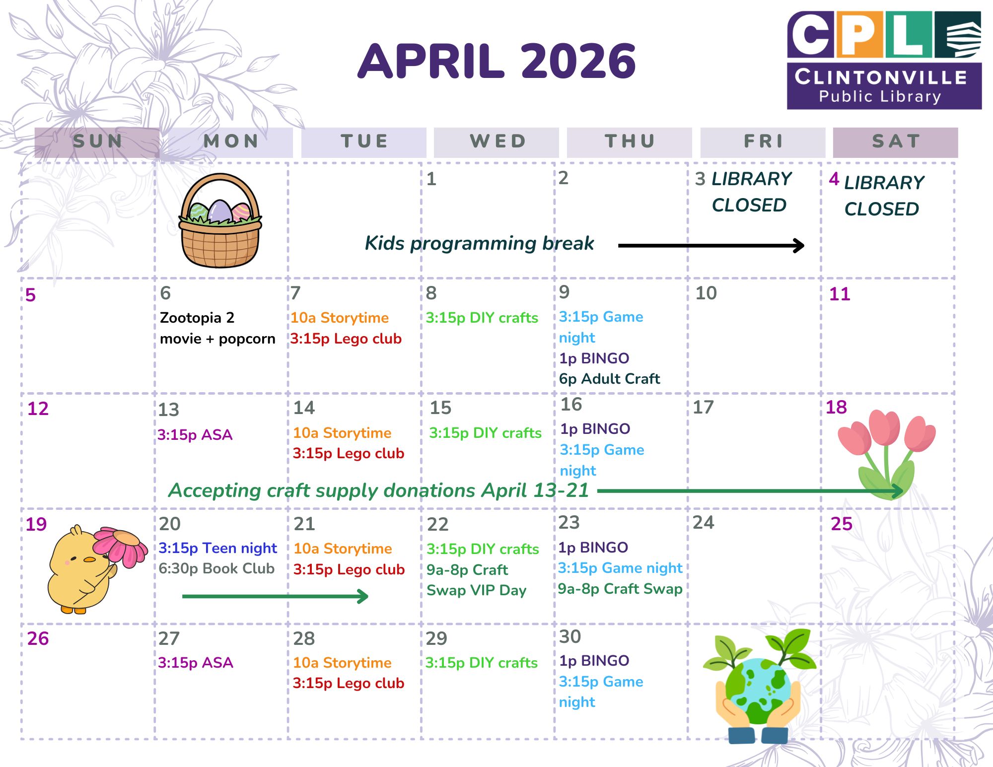 April 2026 with events from Clintonville Public Library, including closures and illustrated elements.