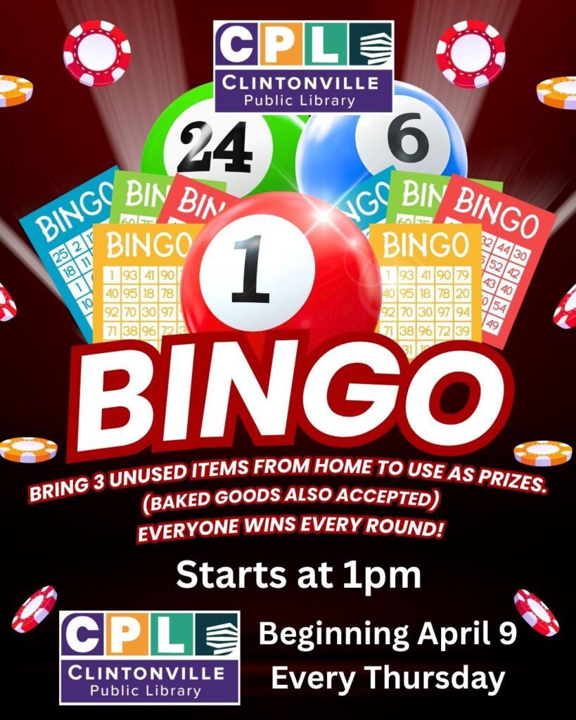 Bingo event poster with library logo, bingo balls, and text about the event details.
