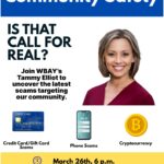 Poster for a community safety event about scams with details and a speaker, Tammy Elliot.