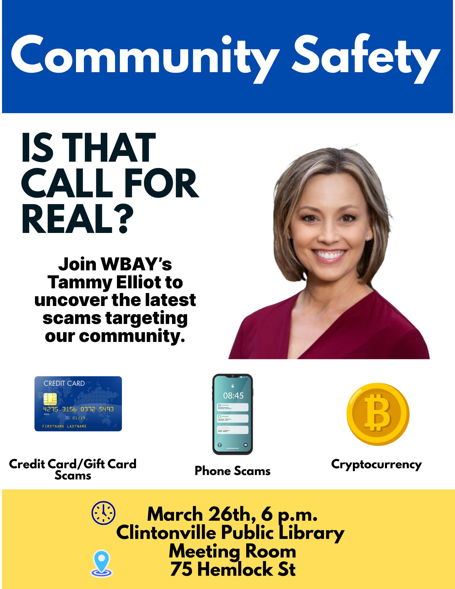 Poster for a community safety event about scams with details and a speaker, Tammy Elliot.