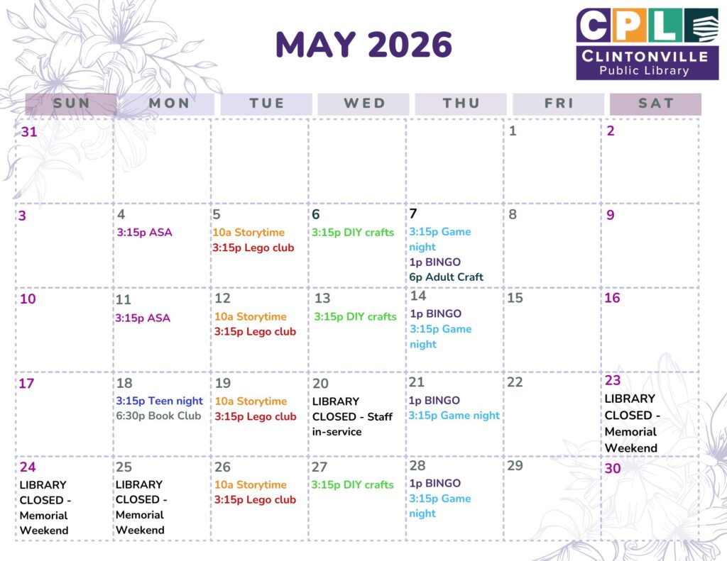 A calendar showing dates and times of events at Clintonville Public Library