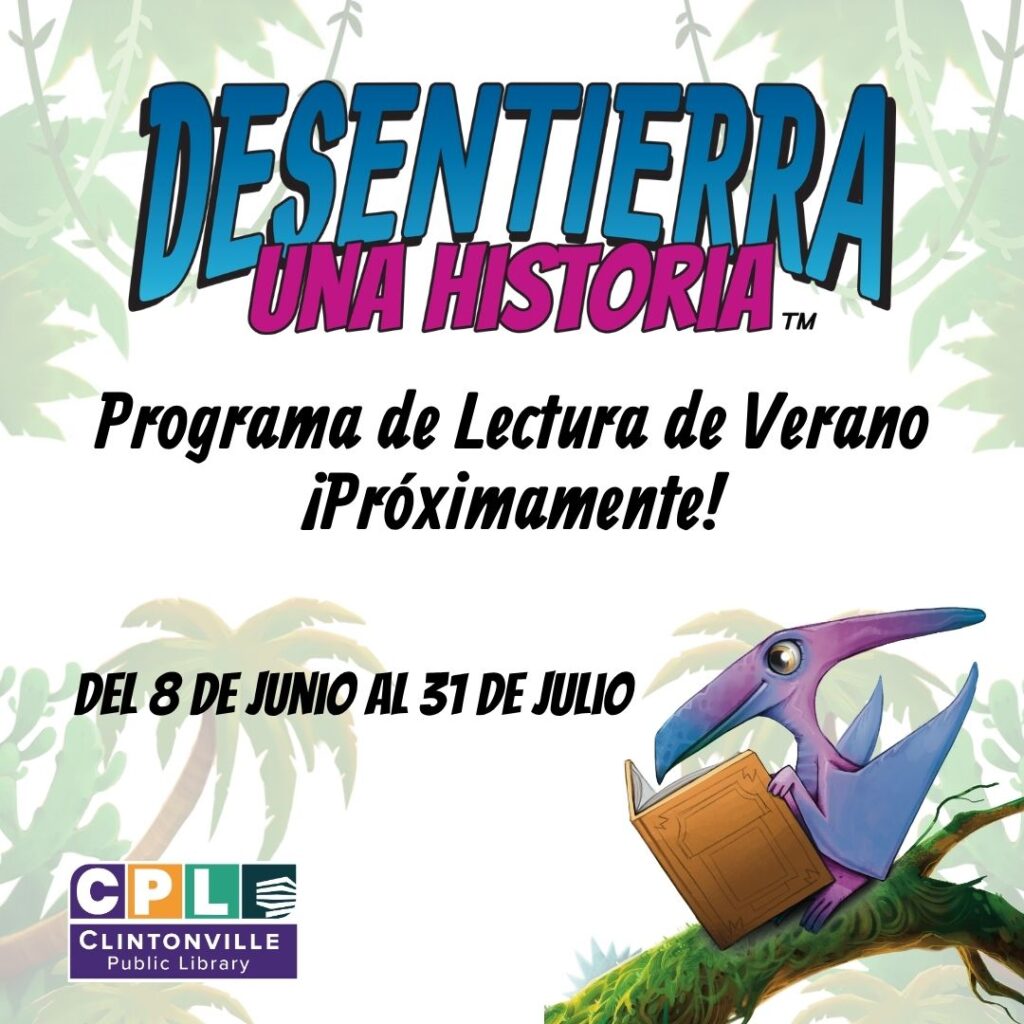 Flyer for a summer reading program featuring a cartoon pterodactyl holding a book, with text in Spanish detailing event dates and library logo.