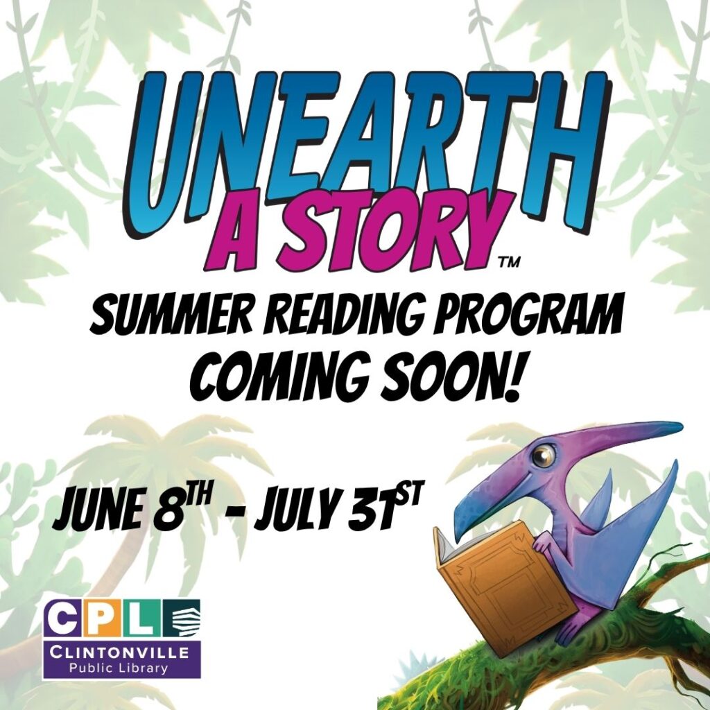 Flyer for a summer reading program featuring a cartoon pterodactyl holding a book, with text detailing event dates and library logo.