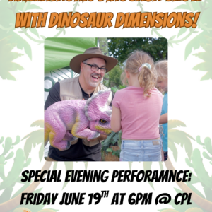 Poster for an animatronic dinosaur show with a man holding a colorful animatronic dinosaur, featuring event details and library logos.