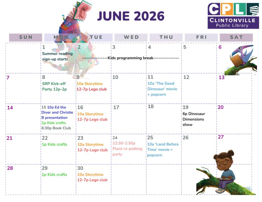 A June 2026 calendar of programs and events at the Clintonville Public Library.